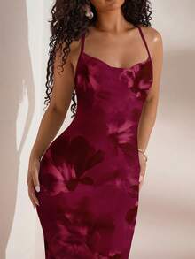Opulessa 女士优雅印花鱼尾下摆露背连衣裙，夏季 - 酒紅色 - 查看 6