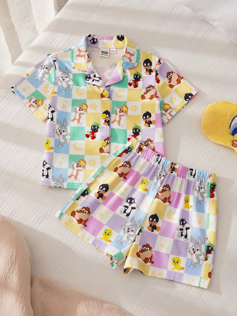 LOONEY TUNES X SHEIN Conjunto de top y pantalones cortos con estampado de cuadros de dibujos animados para niña bebé - Amarillo - Ver 1