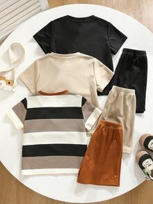 SHEIN 6件套儿童夏季服装，男童舒适休闲条纹可爱小熊圆领短袖T恤上衣搭配装饰短裤两件套，高性价比多件装，适合户外玩耍、街头摄影、派对、居家休闲等场合。 - 彩色 - 查看 2