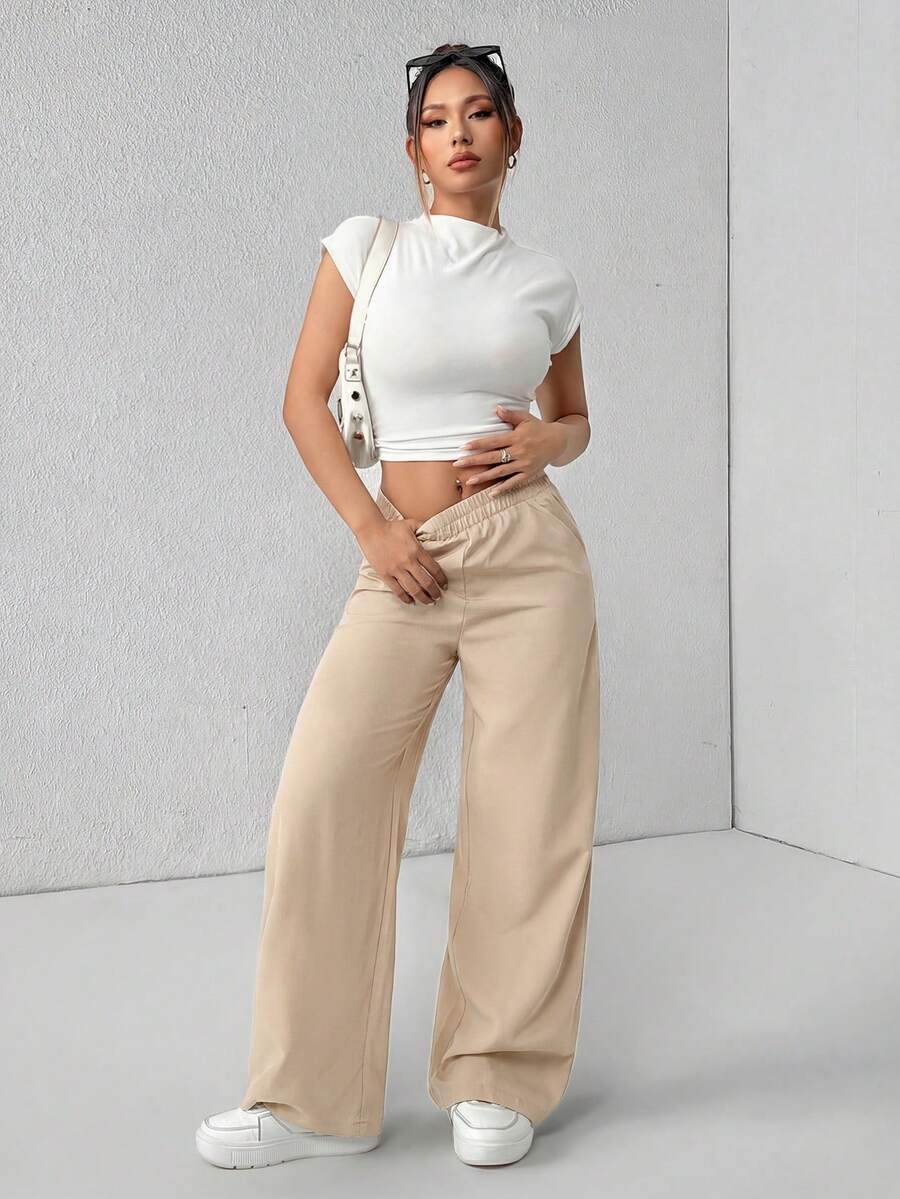 SHEIN PETITE Pantalones acampanados de cintura alta con costillas y rayas en las axilas para mujer - Caqui - Ver 1