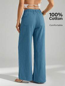 SHEIN Tall Quần ống đứng cạp thấp, chất liệu 100% cotton đã qua xử lý giặt. - Màu xanh lam - Xem 2