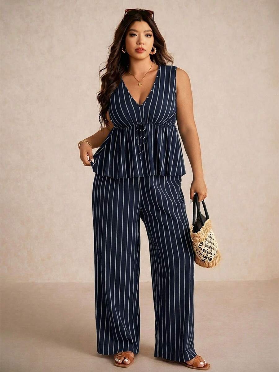 Elaquor Plus Size Casual Vacation Striped Sleeveless A-Line Shirt And Straight Leg Casual Pants 2 Pieces Set - Navy Blue - View 1