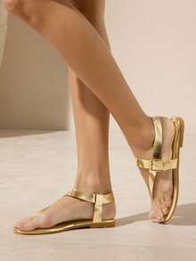 SHUZIA Women Buckled Comfort Chic Everyday Beach Vacation Chic Thong Strap Flat Sandals - Gold - View 2