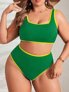 Swim Lushoire Plus Size Summer Vacation Beach Ribbed Bikini Set - Green - View 3