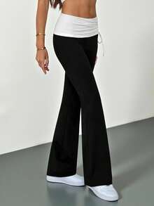 SHEIN Tall Quần ống loe nữ phong cách đường phố thu đông cổ điển thắt dây bên hông kiểu Y2K, quần ống rộng đen trắng đa năng dành cho người nhỏ nhắn. - màu đen - Xem 6