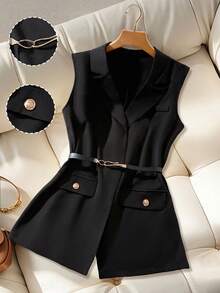 INAWLY Plus Size Women Solid Color Lapel NeckSleeveless Fitted Blazer Jacket - Black - View 5