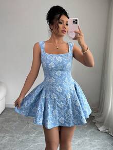 SHEIN PETITE 春夏常规款女士宽领无袖收腰提花蓝色迷你连衣裙，优雅浪漫，适合毕业典礼、舞会、派对、音乐节、度假等场合。 - 藍色 - 查看 7