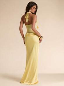 SHEIN BAE Vestido transparente con cuello de halter y drapeado en color amarillo crema con decoración floral, vestido de satén de corte sirena elegante en parches de color rosa elegante, vestido de cóctel mini elegante en color rosa, vestido de satén de verano, vestido elegante, vestido de playa y vacaciones, vestido mini para fiesta de cumpleaños, vestido de invitada de boda, vestido para brunch, vestido amarillo - Amarillo claro - Ver 2