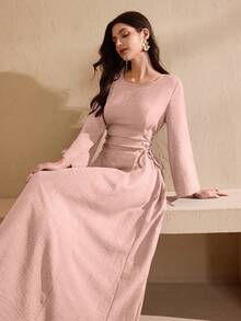Graceveil 圆领纯色抽绳系腰连衣裙 - 粉色 - 查看 7