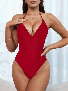 Swim SXY Women's Summer Sexy Beach Vacation Solid Color Ruched Backless Tie Front One-Piece Swimsuit - Red - View 3