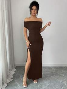 Selianne 3-In-1 Women's Long Dress, Sexy High Slit Hem, Draped Collar, Asymmetrical Shoulder, Suitable For Festivals, Beach Vacations, Tea Parties, Minimalist, Elegant, Black, Graduation Parties, Beach Outfits, Wedding Guest Attire, Ideal For Summer - Brown - View 7