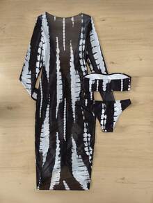 SHEIN Swim 滿版印花比基尼套裝和抹胸上衣和比基尼泳裝和抽繩罩衫洋裝3入組洗澡套裝 - 黑與白 - 查看 2