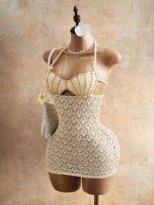 Women's Summer Vacation Beach Boho Dress With Hollow-Out, Pearl Decor & Sexy Tie Back Design - Apricot - View 4