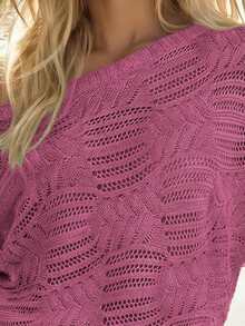 EMERY ROSE Suéter casual de mujer de cuello redondo, manga raglán, puños y bajo acanalados, con patrón calado, de ajuste holgado, nueva llegada para todas las temporadas - Rojo violeta - Ver 4