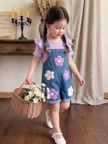 SHEIN Vintaside Kids 2pcs/Set Baby Girls' Summer Cute Blue Denim Bib Shorts Set,Floral Embroidery Pocket,Ribbed T-Shirt With Cap Flutter Sleeve,Casual Vacation Outfit - Purple - View 3