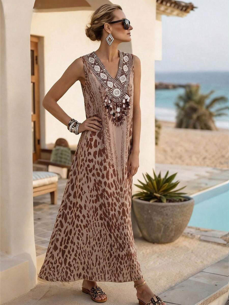 Wandoria 优雅都市时尚新款卡其色底棕色豹纹V领蕾丝刺绣无袖高腰A字及踝连衣裙，适合日常穿着、婚礼、正式晚宴、通勤、毕业派对、节日、度假、约会、派对、万圣节、圣诞节、新年、感恩节、婚礼等场合。 - 卡其色 - 查看 1