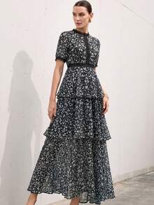 Aveloria Modichic Nuevo vestido de llegada con encaje floral hueco, parches y volantes multicapa, vestido corto de manga corta con estampado de gasa - Blanco y Negro - Ver 7