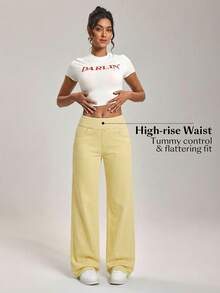 SHEIN PETITE Quần jeans nữ dáng casual cạp chun, túi xéo - Màu vàng - Xem 4
