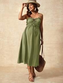 Boho Mama Maternity Solid Color Pleated Casual Summer Sleeveless Dress - Green - View 3