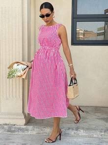 MaterniWear Maternity Plaid Print Round Neck Sleeveless Dress - Hot Pink - View 6