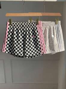 SHEIN EZwear 2026春夏新款豹纹运动马术标志两件套，女士休闲格纹豹纹针织拼接宽松短裤，适合运动爱好者、比赛日、暑假、音乐节、假日季穿着。动物纹两件套短裤，女士舒适短裤，豹纹短裤，女士夏季短裤，休闲条纹短裤 - 彩色 - 查看 6