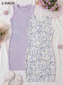 2件装女童紫色和蓝色碎花无袖休闲修身连衣裙，夏季 - 紫色 - 查看 5