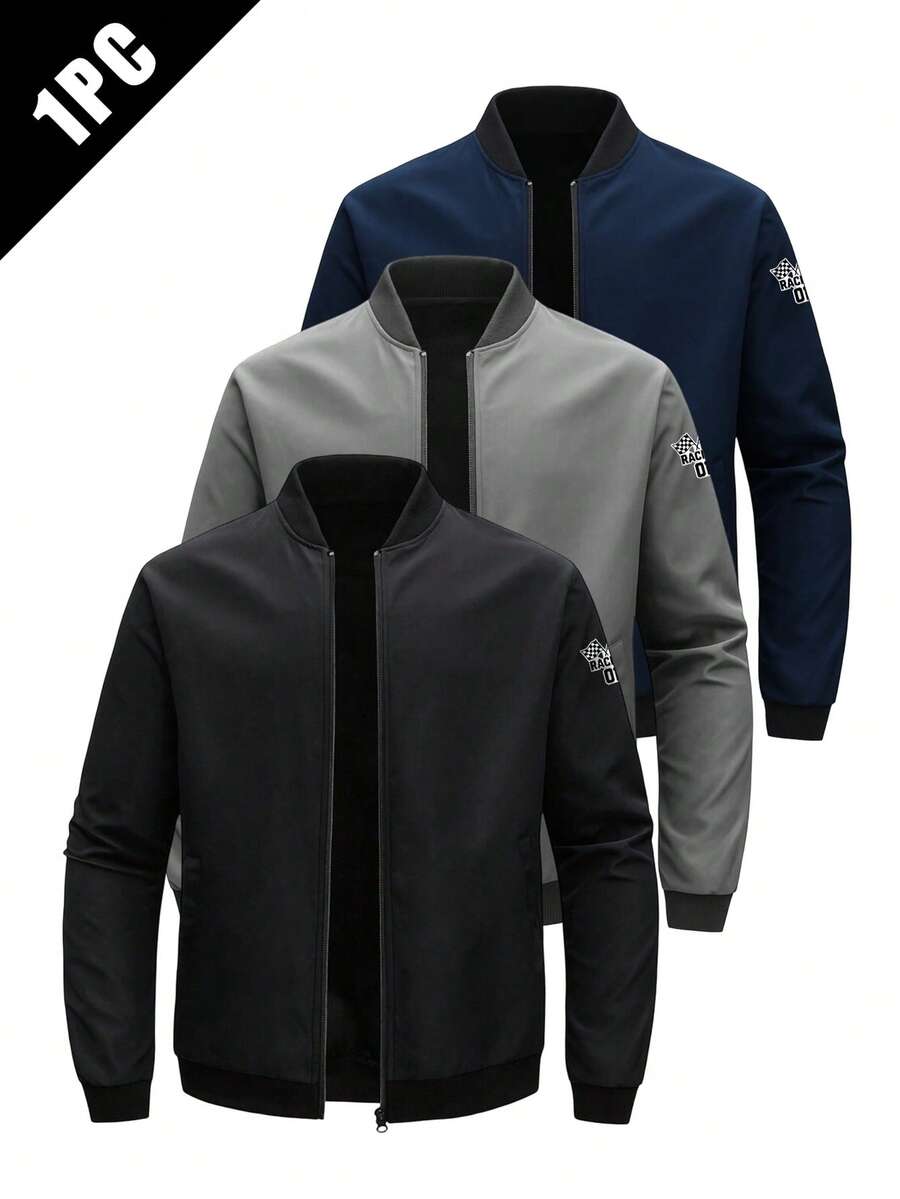 Manfinity Homme Áo khoác nam thường ngày in chữ, có khóa kéo - màu đen - Xem 1