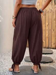Modelyn Plus Size Women's Elegant Casual Cinched Waist Loose Harem Pants, Solid Color, Spring/Summer - Brown - View 2