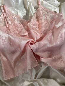 SilkySpell 性感蕾丝提花仿丝绸吊带背心和短裤睡衣套装（女士款） - 粉色 - 查看 6