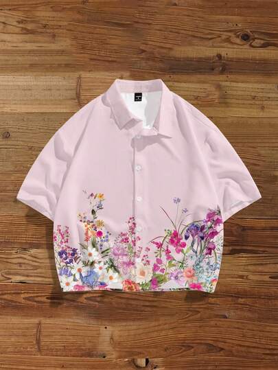 Manfinity Joysei Men's Pink Floral All-Over Print Short Sleeve Shirt, Suitable For Vacation, Casual Wear, Couple Matching, Date Outfit