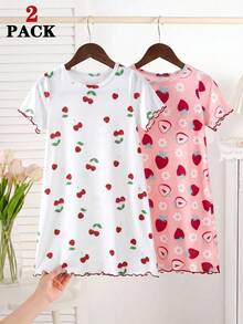 SHEIN 两件套女童睡衣套装，包括一件草莓雏菊印花睡衣和一件樱桃树叶印花睡衣，粉色和白色，轻盈顺滑的涤纶面料，短袖圆领连衣裙款式，舒适休闲，适合女孩穿着。 - 彩色 - 查看 4