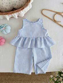 LMoss Kids 2 pièces Ensemble Top sans manches rayé tissé et leggings pour bébé fille - Bleu azur - Voir 8