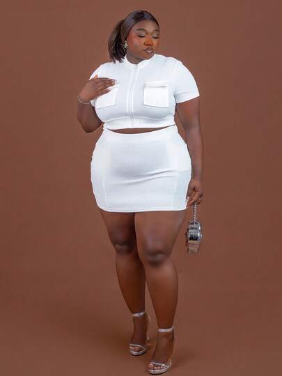 CurvyTilda 2025秋冬新品/女装秋装/万圣节/女装秋冬新款春夏休闲街头简约小立领立体口袋装饰宽肩短袖拉链上衣+包臀迷你短裙白坑罗纹女两件套-B