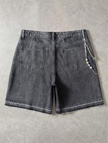ROMWE MEN Street Life Celana Pendek Denim Longgar Kulit PU Patchwork Rhinestone Warna-warni untuk Pria, Gaya Kasual, Liburan, dan Perjalanan, Musim Panas - Hitam - View 2