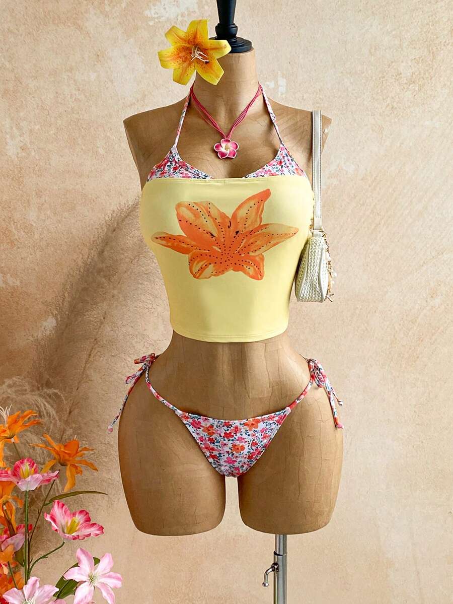 Soleia Women's Summer Beach Floral Print Halter Tie Fashionable Bikini Swimsuit Set - Multicolor - View 1