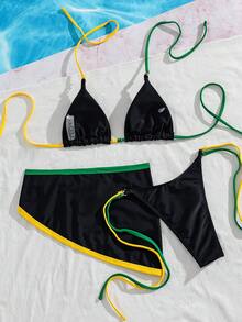 Swim SXY 夏秋新款，黑色搭配黄绿撞色设计，三件套比基尼套装，三角罩杯可拆卸加垫罩杯，性感十足，洋溢大胆的欧美风情，是度假海滩、泳装派对的完美之选 - 黑色 - 查看 4