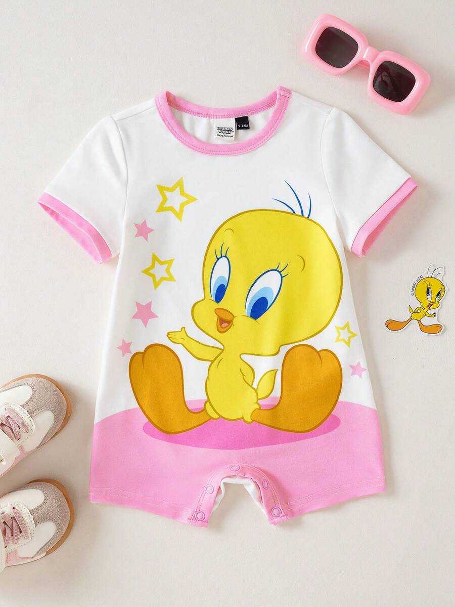 LOONEY TUNES X SHEIN Bộ áo liền quần in hình hoạt hình phối màu cho bé gái - Hồng - Xem 1