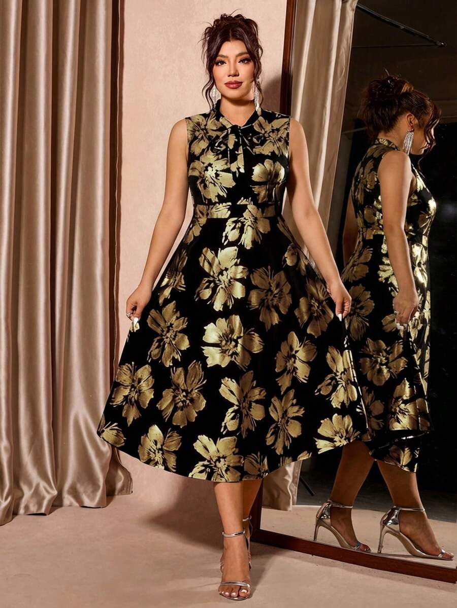 Cravure Plus Size Women's Elegant Party Floral Print Sleeveless Dress - Black - View 1