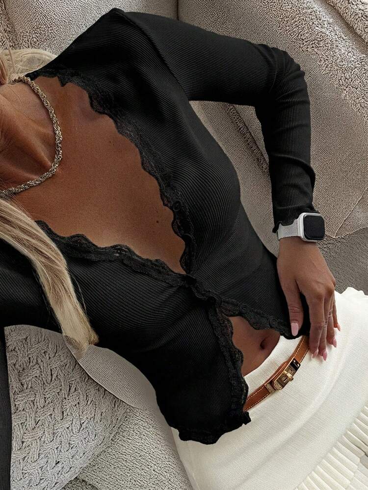 Women's Lace Frill Trim Fitted Cardigan