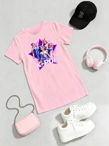 女童韩流K-POP女团印花短袖T恤裙，儿童多巴胺彩色星星休闲连衣裙，可爱萌系幼儿服装，适合春、夏、秋季等所有季节 - 白色 - 查看 3