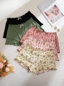 PetitDoll Paquete de 5 bragas tipo short de algodón cómodo con estampado floral y ribete de volantes - Multicolor - Ver 1