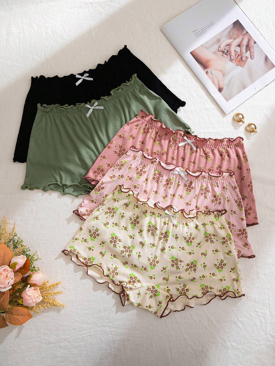 PetitDoll Paquete de 5 bragas tipo short de algodón cómodo con estampado floral y ribete de volantes - Multicolor - Ver 1