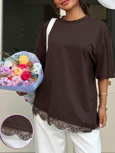 Muchica Áo kiểu nữ cỡ lớn mùa hè, kiểu dáng thường ngày, đi nghỉ mát, màu trơn, vai rớt, dáng rộng, viền ren.