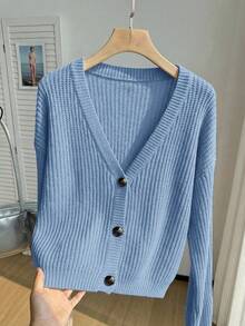 SHEIN EZwear Light Blue Casual Everyday Ribbed Knit Cardigan With Front Buttons, Plus Size Fall Winter - Baby Blue - View 4