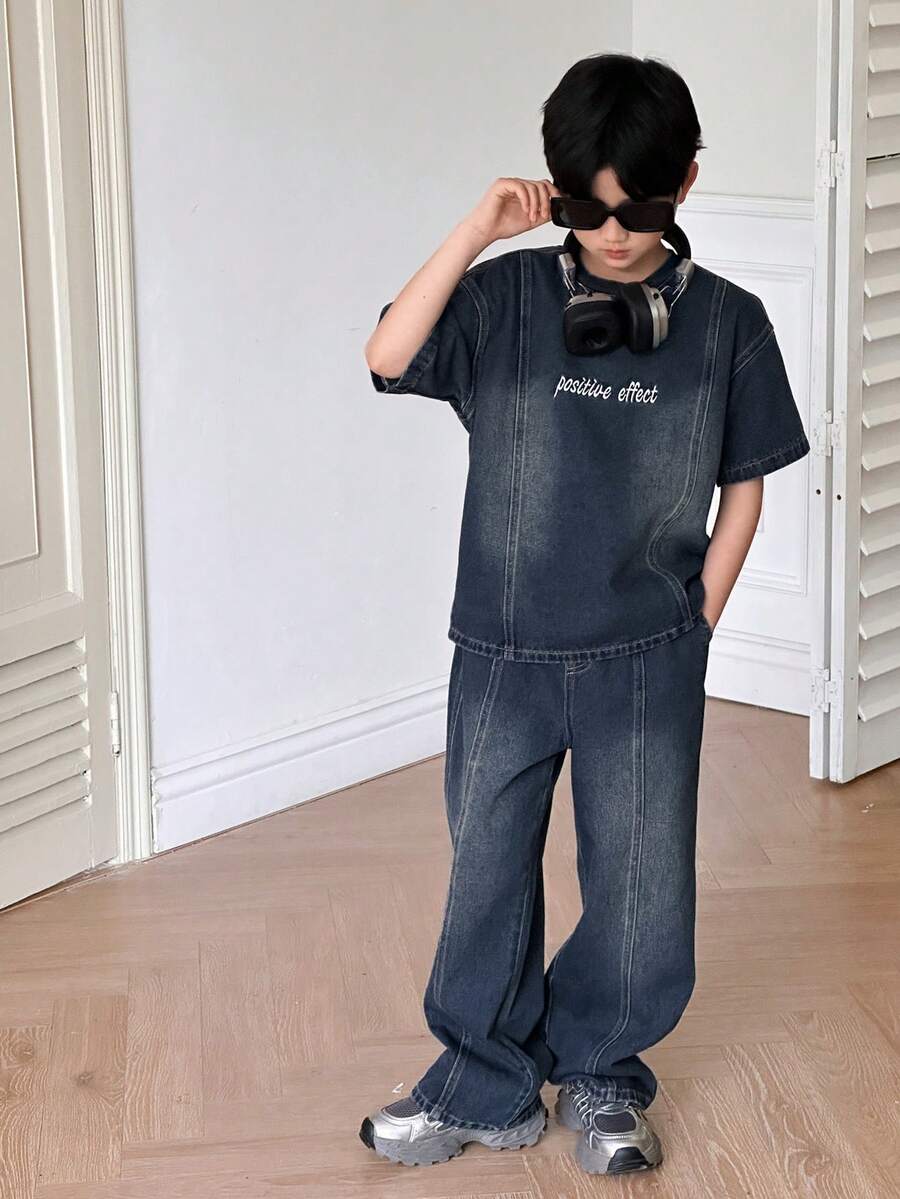 Dazy Kids 男童夏季休闲水洗字母刺绣短袖牛仔T恤和裤子套装 - 藍色 - 查看 1