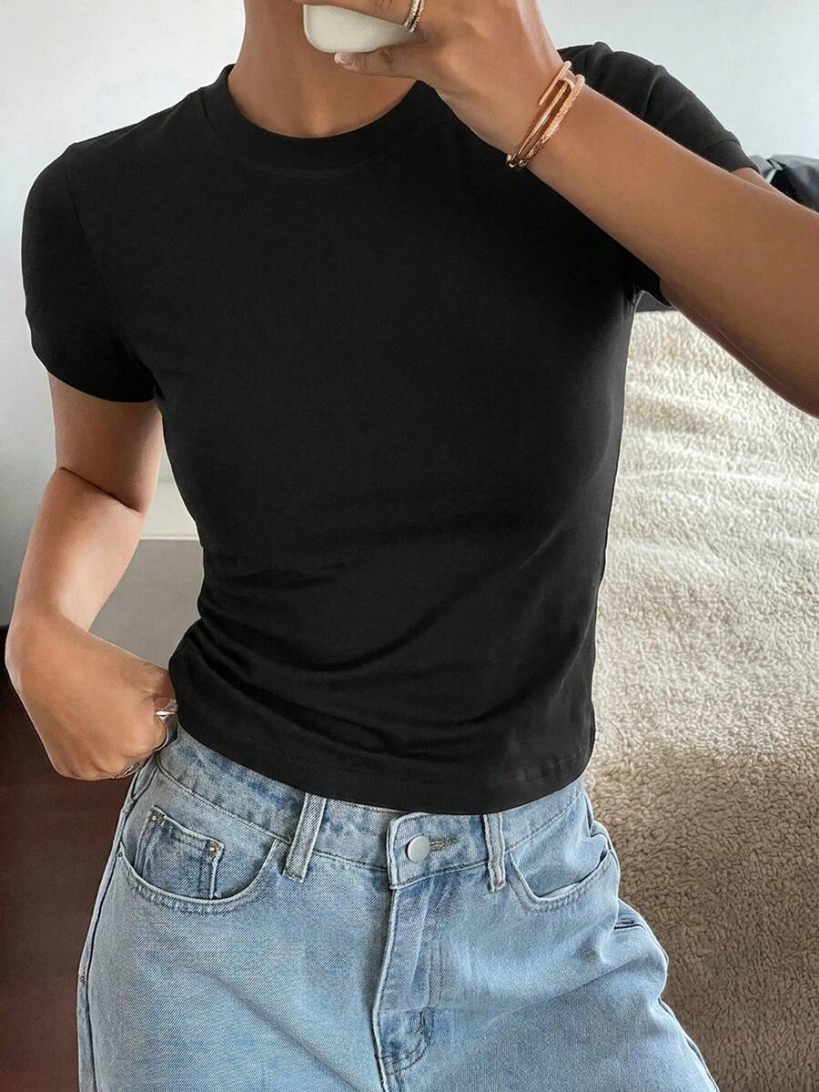 Livesso T-shirt ajusté à manches courtes rayé pour femmes, été - Noir - Voir 1