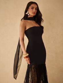 Silquee Elegant Black Summer Fitted Dress With Lace-Trimmed Tie And Flowing Lace Hem For Wedding Guest,Graduation,Resort Gown,Party And Night Out Wear - Black - View 4