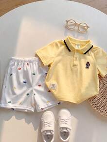 Baby Boy Cute Collegiate Style Casual Yellow Cartoon Bear Pattern Short Sleeve Polo Shirt And Elastic Waist Shorts Set - Yellow - View 5