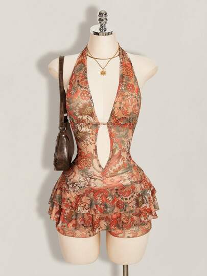 SHEIN ICON Women's Sexy Floral Print Deep V-Neck Backless Tie-Front Bodysuit Romper, Suitable For Beach Vacation