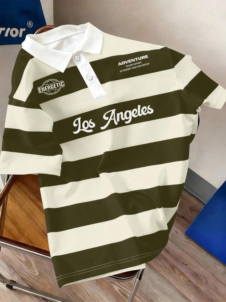 Claim Dot Men Striped & Slogan Graphic Polo Shirt - Olive Green - View 1